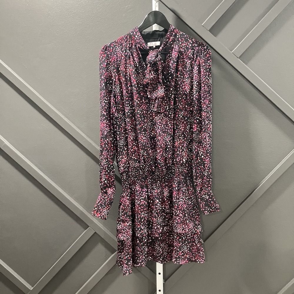 Parker Dress Womens XS 100% Silk Black Pink Print Tie Neck Smocked Waist Mini